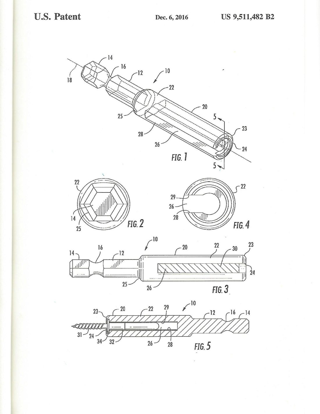 US Patent 9,511,482 drawing sheet for the EasyHook Driver drive bit